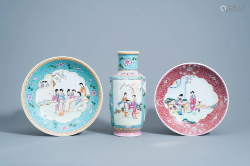 Two Chinese famille rose chargers and a vase with