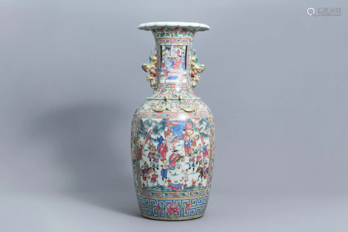 A large Chinese famille rose vase with warrior scenes,