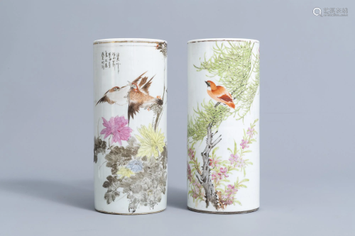 Two Chinese qianjiang cai hat stands with birds among