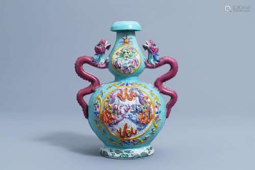 A Chinese famille rose 'dragons' double gourd vase,