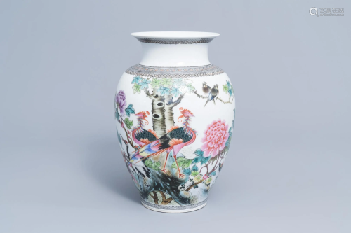 A Chinese famille rose vase with various birds among