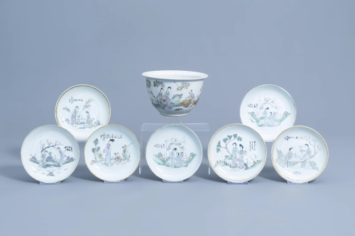 Seven Chinese qianjiang cai saucer plates and a