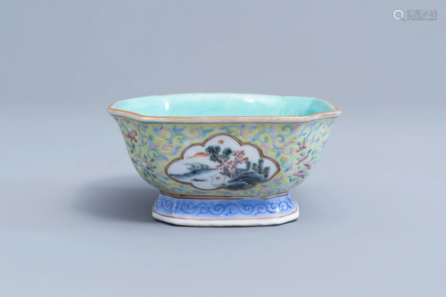 A Chinese octagonal famille rose yellow ground bowl