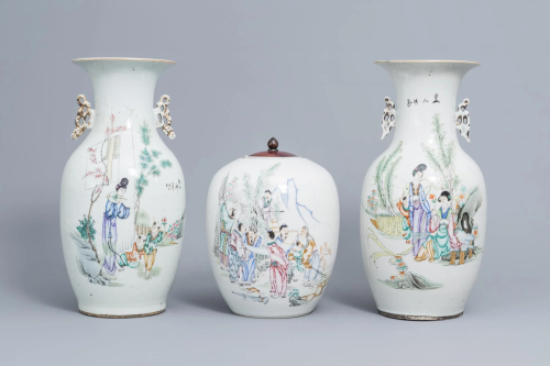 Two Chinese famille rose vases with ladies and children