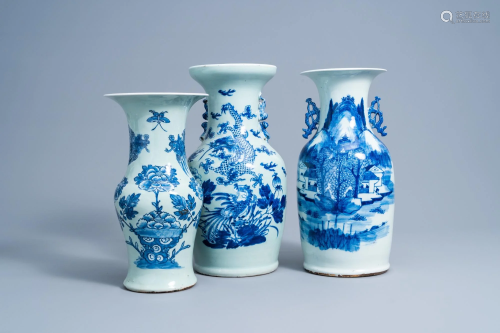 Three various Chinese blue and white celadon ground