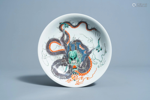 A Chinese famille verte 'dragon' dish, Kangxi mark,