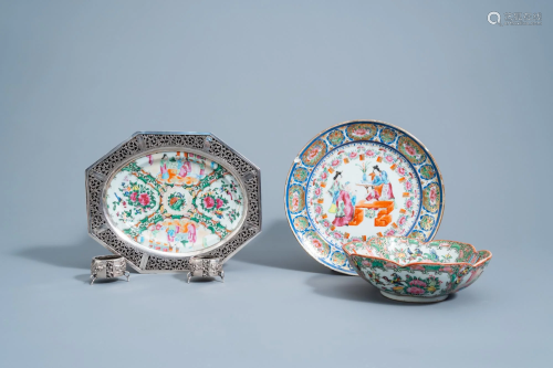 A pair of Chinese silver salts and a Canton famille