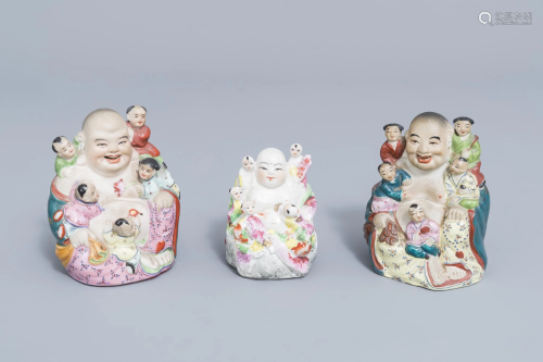 Three Chinese famille rose figures of Buddha with