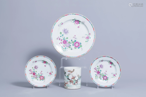 Two Chinese famille rose plates and a charger with