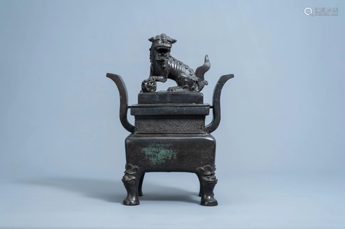 A large Chinese bronze censer and cover, Ming