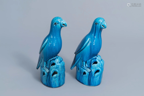 A pair of Chinese turquoise glazed models of parrots,