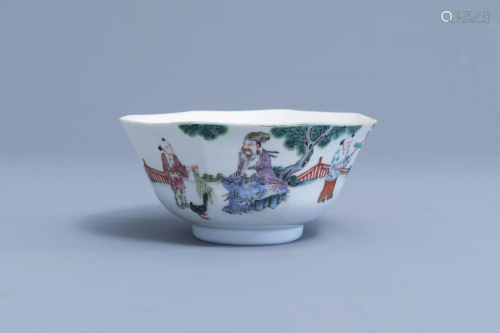 An octagonal Chinese famille rose bowl with figures in