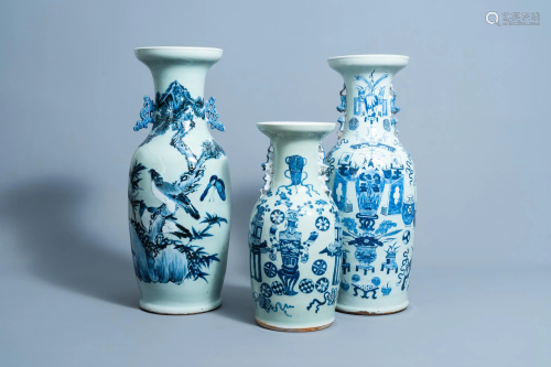 Three various Chinese blue and white celadon ground