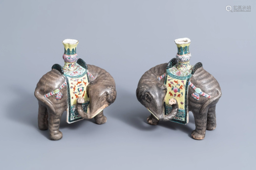 A pair of Chinese famille rose models of elephants