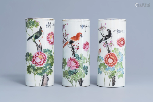 Three Chinese qianjiang cai hat stands with a bird on a