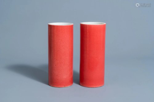 A pair of Chinese monocrome red-pink hat stands,