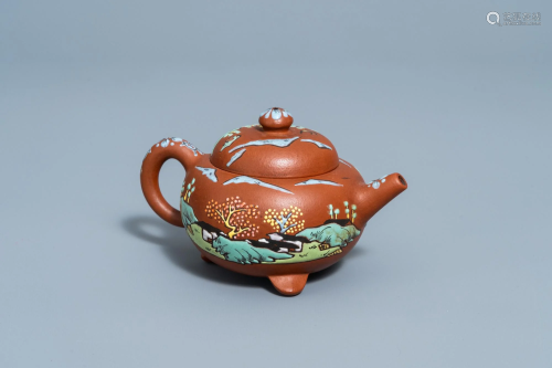A Chinese Yixing enamel teapot with a landscape all