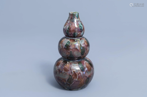 A Chinese marbled polychrome glazed triple gourd vase,