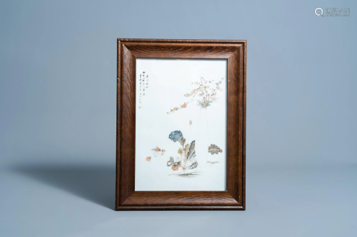 A Chinese qianjiang cai plaque with a flower vase, a