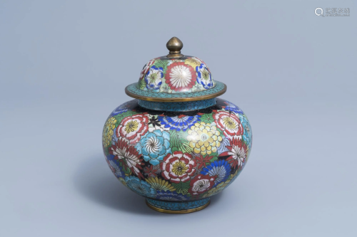 A Chinese cloisonnŽ jar and cover with floral design,