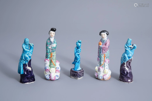Five Chinese turquoise and aubergine glazed famille