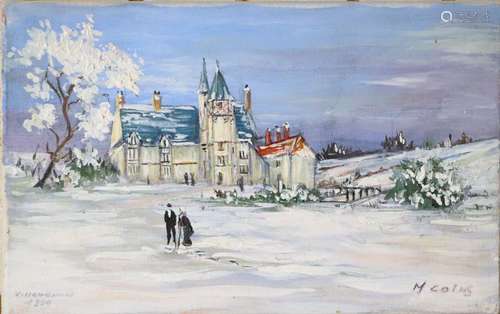 M. COLAS. Villemenant sous la neige. Huile sur toile, sbd. H...