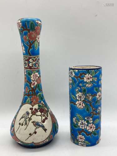 LONGWY. Deux VASES en émaux à décor de fleurs de cerisier, l...