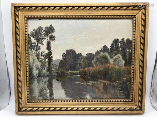 Edouard Auguste RAGU. Bords de Loire. Huile sur panneau. Sig...