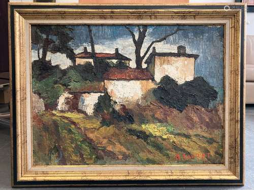 H. SAURAT, école moderne. Vue du village. Huile sur toile. S...