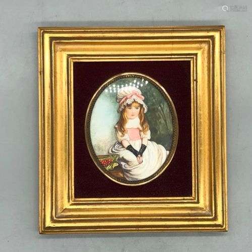 MINIATURE à vue ovale. Petite fille aux cerises. 11 x 8,5 cm...