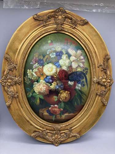 Ecole moderne. Grand bouquet sur un entablement. Huile. 40 x...