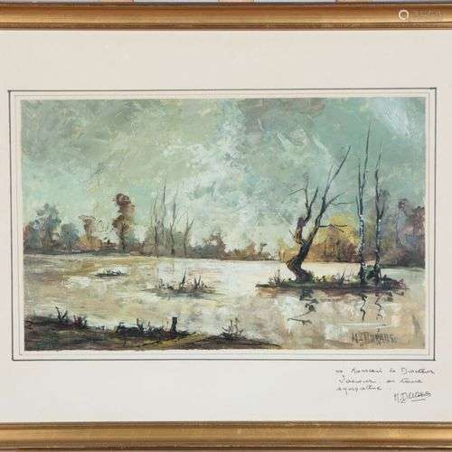 Marcel Durans, Paysage de la Dombes. Huile sur papier. A vue...