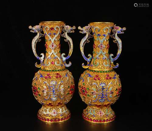 chinese filigree gilt vase inlaid gems