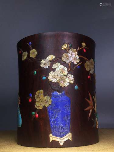 chinese sandalwood brush pot inlaid gems