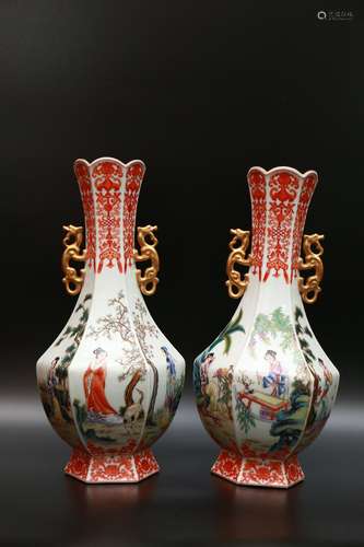 pair of chinese famille rose porcelain hexagonal vases