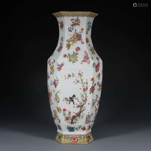 chinese famille rose porcelain hexagonal vase