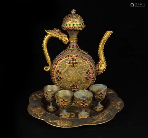 A set of chinese gilt wine set with gems