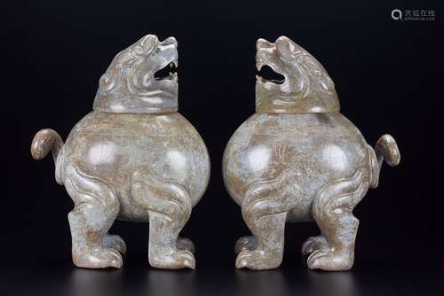 pair of chinese lion-shaped jade censers