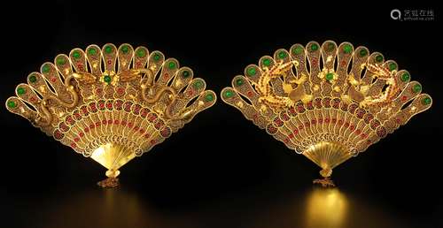 chinese gilt filigree fans inlaid with gems