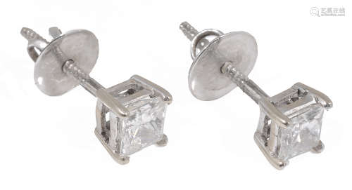 A pair of rectangular princess-cut diamond earrings