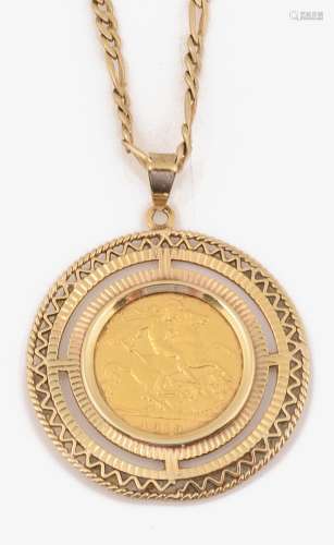 A 9ct gold pendant on chain with half sovereign