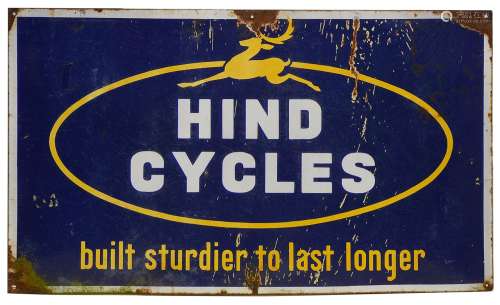 A vintage Hind Cycles enamel sign