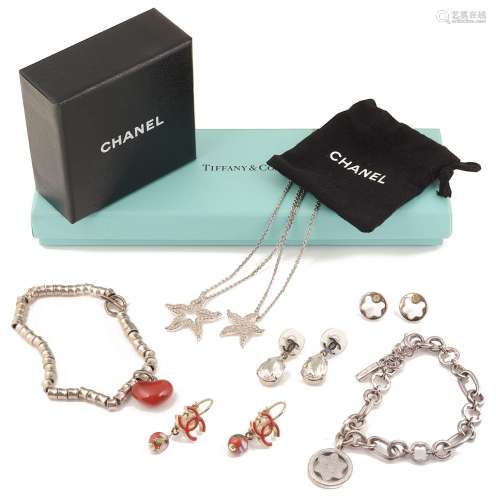 A pair of Chanel drop earring and other signed designer jewe...