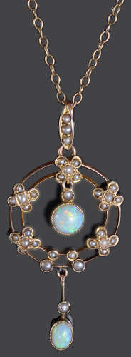 An Edwardian opal and seed pearl pendant on chain