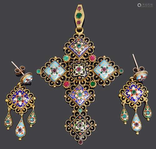 A 19th c. Fr. Bressan enamel silver gilt pendant cross and e...