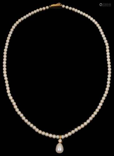 A delicate cultured pearl and pearl and diamond drop necklac...