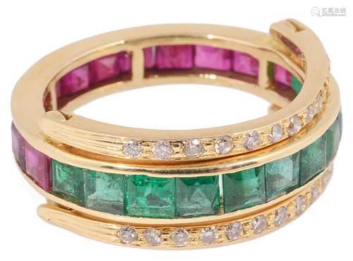 A contemporary, Continental ruby, emerald and diamond set re...