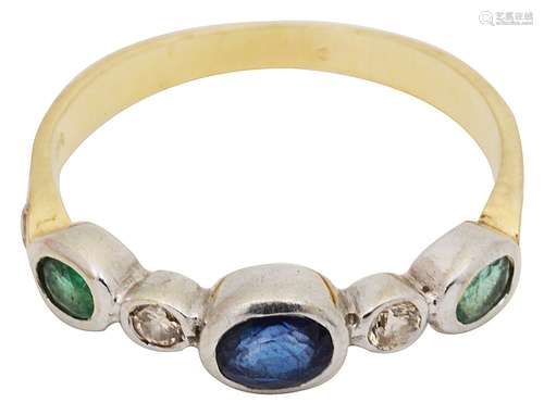 An emerald, sapphire and diamond half hoop ring