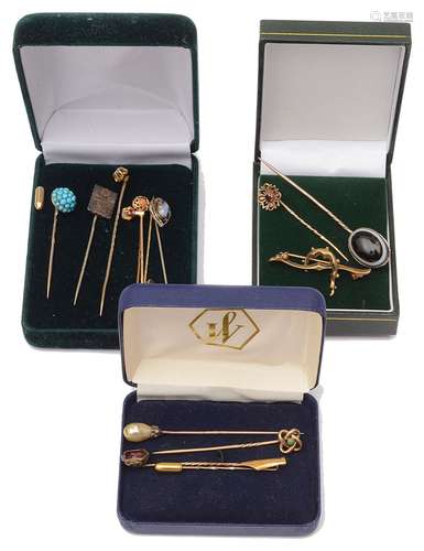 Two Victorian single stone diamond set stick pins and a coll...