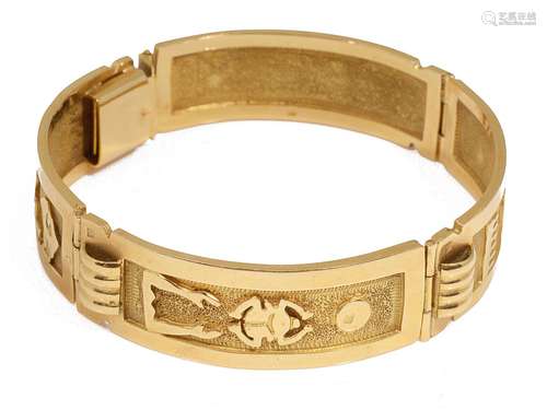 An Egyptian yellow metal hieroglyph panel bracelet